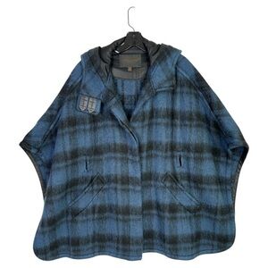 COACH WOMEN’S BLACK BLUE WOOL PLAID HOODED CAPE PONCHO SZ XS/S